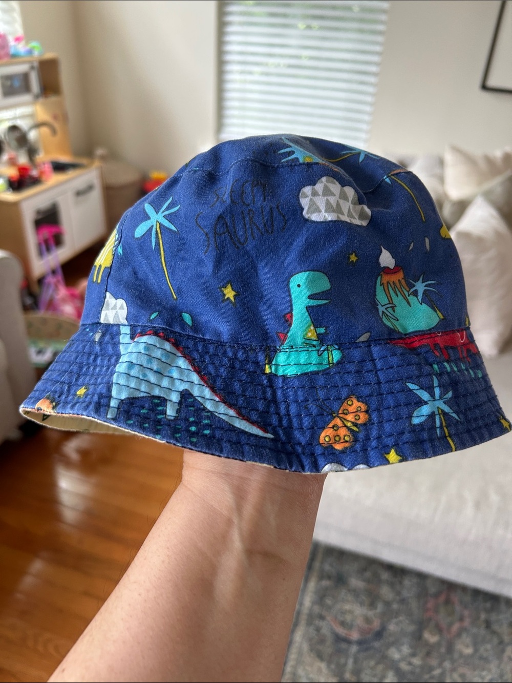 Kids Navy Dinosaur Bucket Hat - reversible